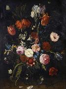 Jan Van Kessel the Younger A still life of tulips, a crown imperial, snowdrops, lilies, irises, roses and other flowers in a glass vase with a lizard, butterflies, a dragonfly a oil